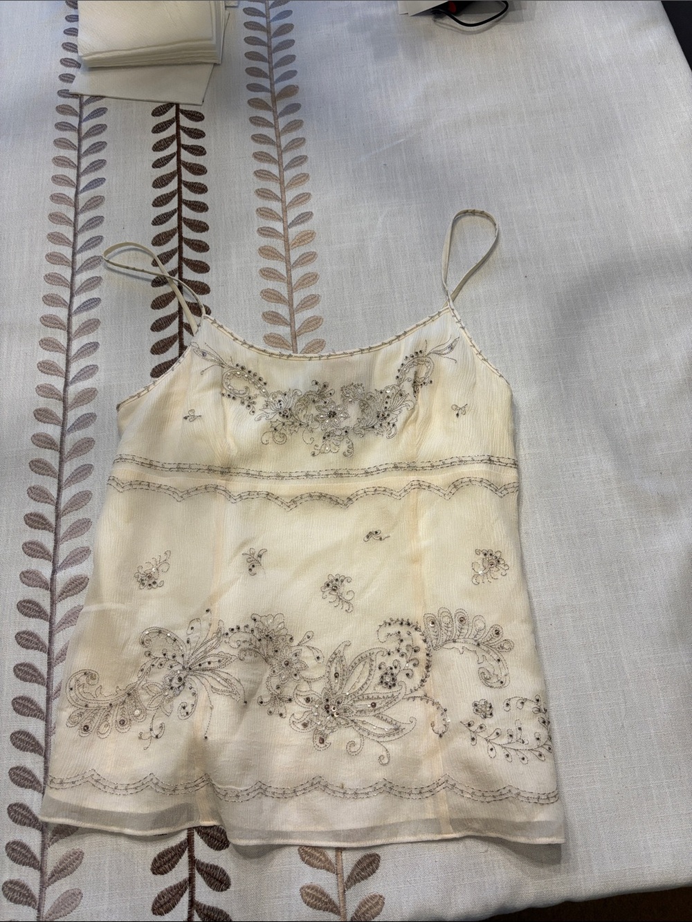 Ann Taylor Cream Embroidered Beaded Spaghetti-Strap shirt